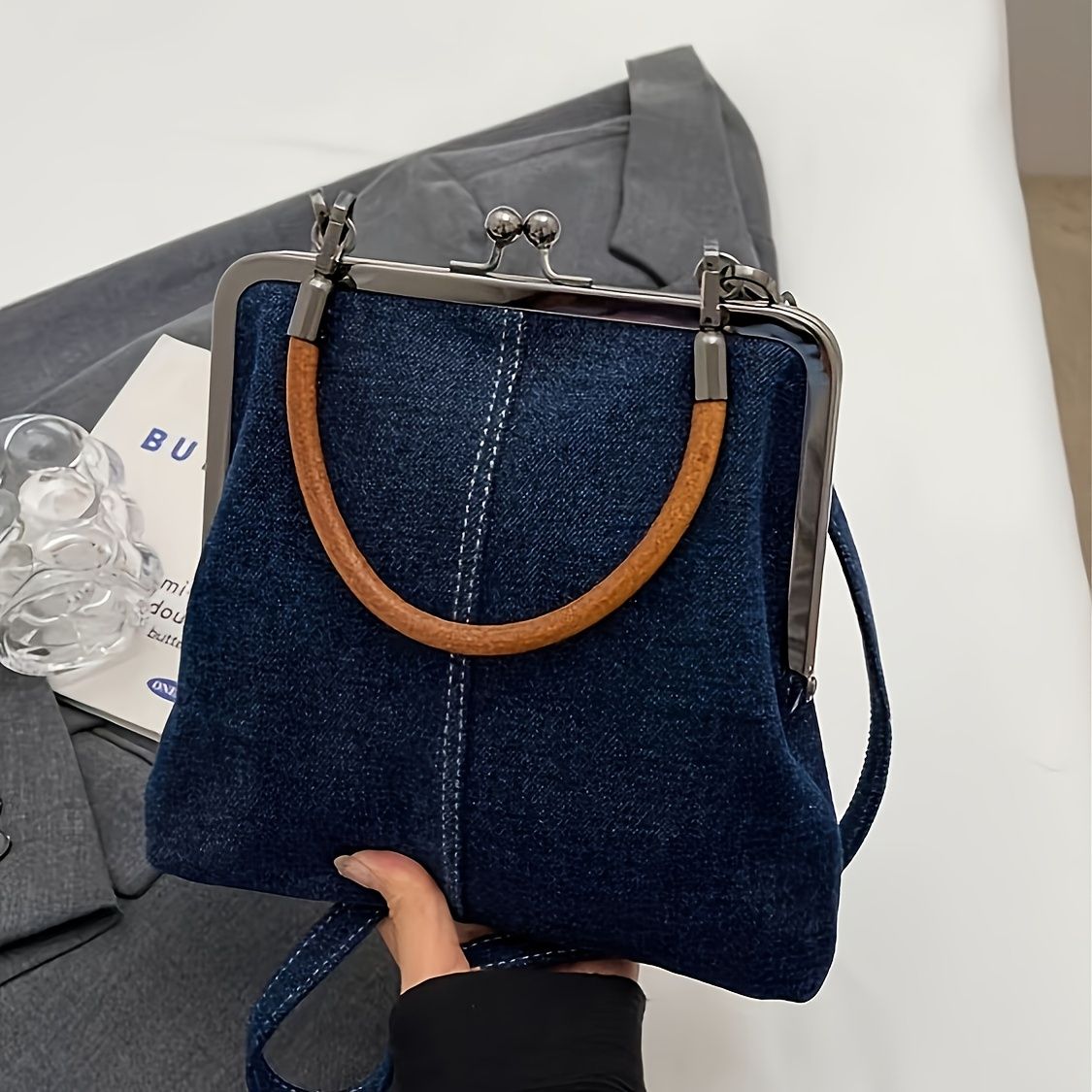 Denim Crossbody Bag Light Blue Denim Crossbody Bag, Tote Bag - Twist Lock Closure, Removable Shoulder Strap and Tassel Accents, Foldable Handmade, Solid Color, Polyester Lining