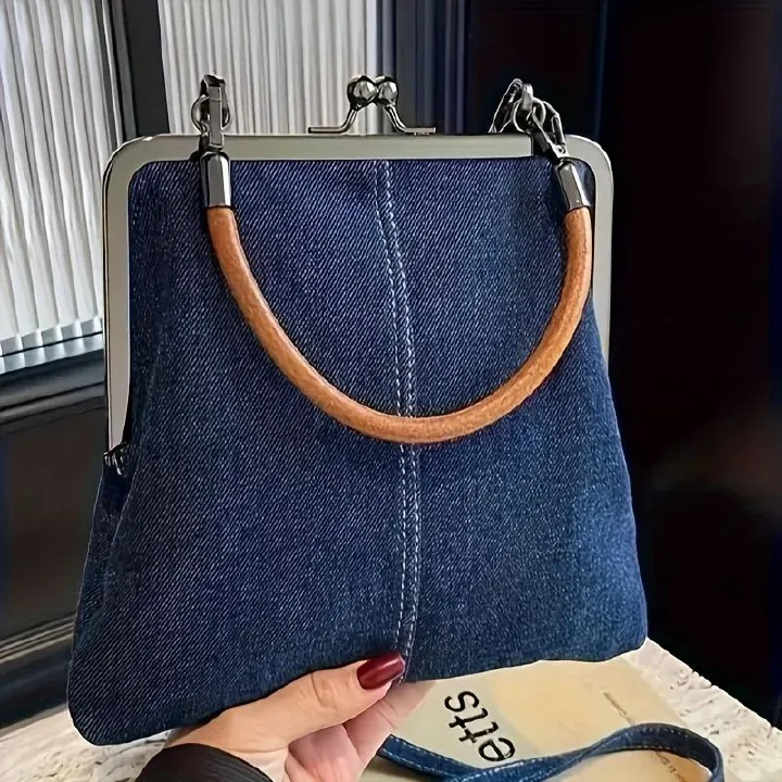 Denim Crossbody Bag Light Blue Denim Crossbody Bag, Tote Bag - Twist Lock Closure, Removable Shoulder Strap and Tassel Accents, Foldable Handmade, Solid Color, Polyester Lining
