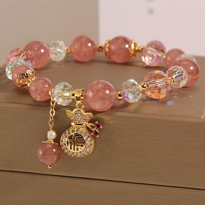 Cute Pink Lucky Bag Strawberry Stone Bracelet with Heart Charm & Golden-Tone Beads | Adjustable Elastic Band for Women, Valentine’s Day Gift, Birthday Present, Everyday Jewelry, Playful Design