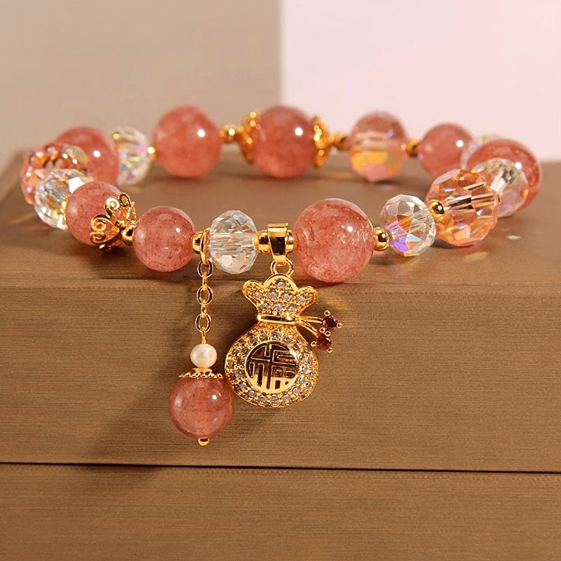 Cute Pink Lucky Bag Strawberry Stone Bracelet with Heart Charm & Golden-Tone Beads | Adjustable Elastic Band for Women, Valentine’s Day Gift, Birthday Present, Everyday Jewelry, Playful Design