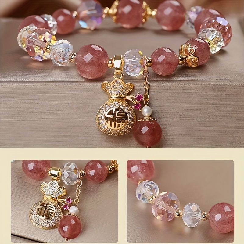 Cute Pink Lucky Bag Strawberry Stone Bracelet with Heart Charm & Golden-Tone Beads | Adjustable Elastic Band for Women, Valentine’s Day Gift, Birthday Present, Everyday Jewelry, Playful Design