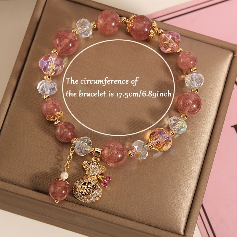 Cute Pink Lucky Bag Strawberry Stone Bracelet with Heart Charm & Golden-Tone Beads | Adjustable Elastic Band for Women, Valentine’s Day Gift, Birthday Present, Everyday Jewelry, Playful Design