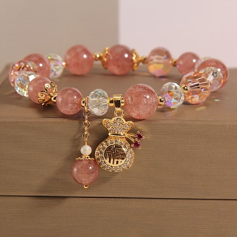 Cute Pink Lucky Bag Strawberry Stone Bracelet with Heart Charm & Golden-Tone Beads | Adjustable Elastic Band for Women, Valentine’s Day Gift, Birthday Present, Everyday Jewelry, Playful Design