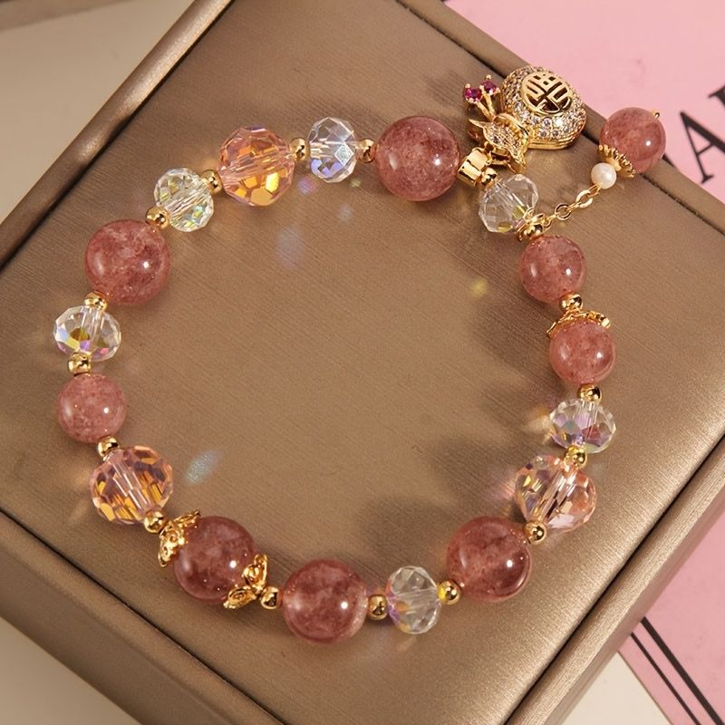 Cute Pink Lucky Bag Strawberry Stone Bracelet with Heart Charm & Golden-Tone Beads | Adjustable Elastic Band for Women, Valentine’s Day Gift, Birthday Present, Everyday Jewelry, Playful Design