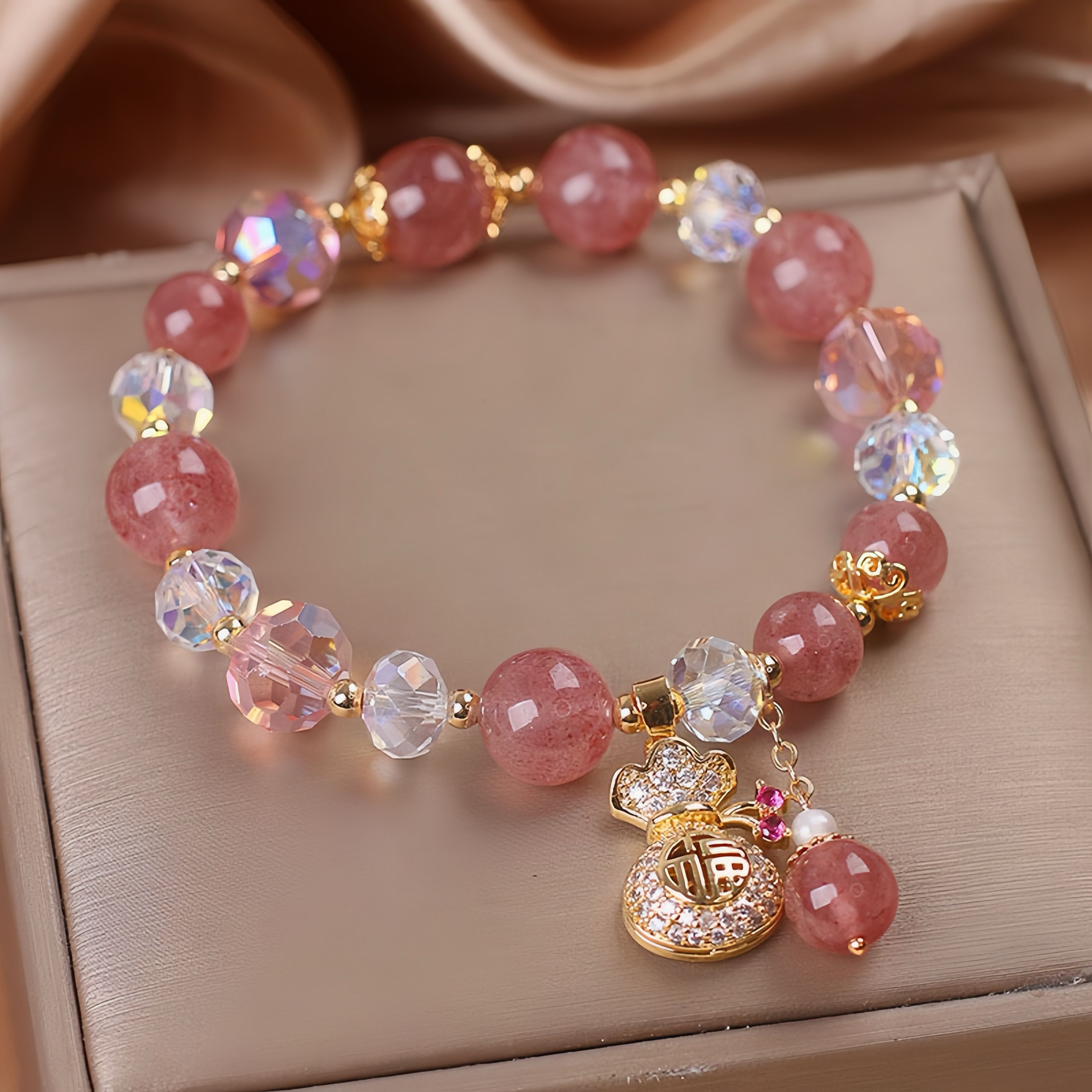 Cute Pink Lucky Bag Strawberry Stone Bracelet with Heart Charm & Golden-Tone Beads | Adjustable Elastic Band for Women, Valentine’s Day Gift, Birthday Present, Everyday Jewelry, Playful Design