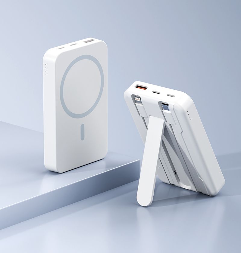 10000mAh Power Bank with Hidden Stand.Self-contained dual cable.
Charge multiple mobile phones at the same time.Horizontal and vertical support.Four colours available