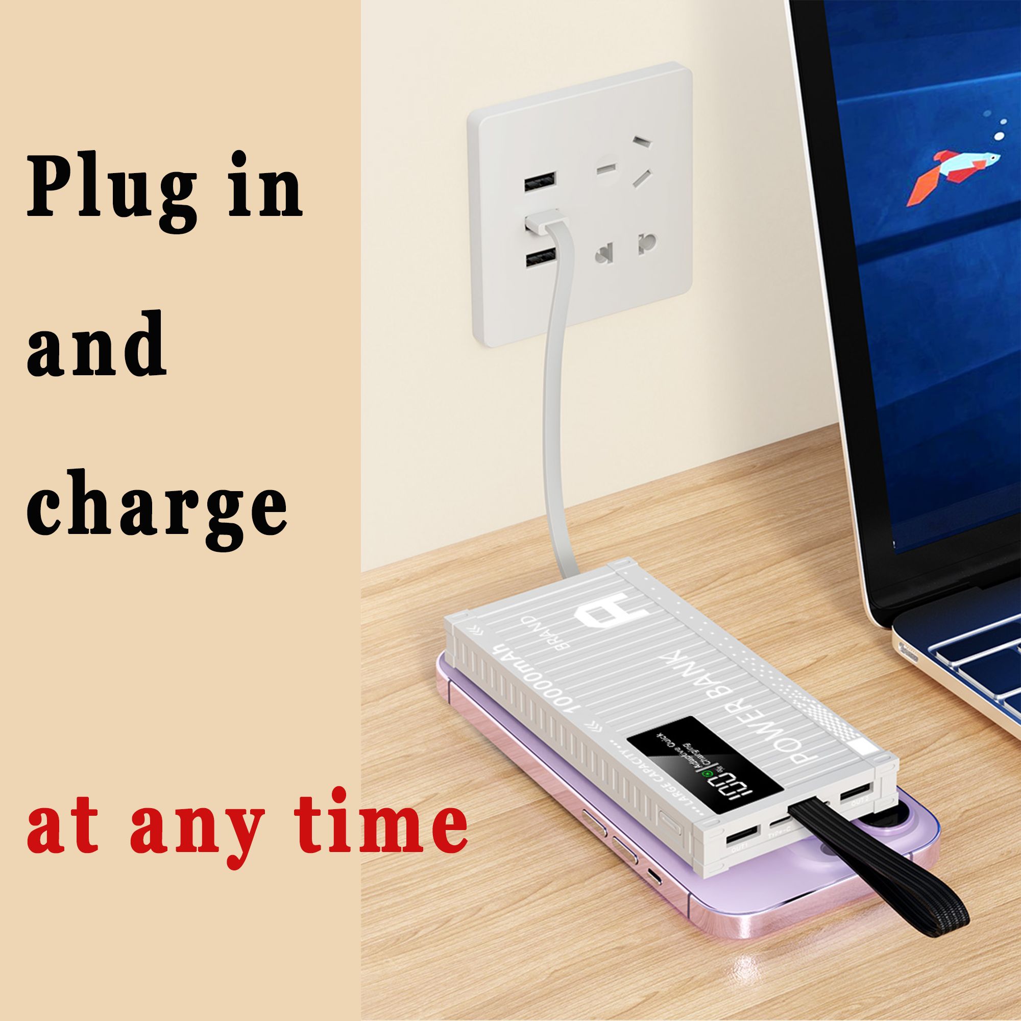 Super Fast Charging 10000mAh Mobile Power Bank  Portable with 4-Wire Dual Type-C Input/Output PD 20W Stylish Punk Style