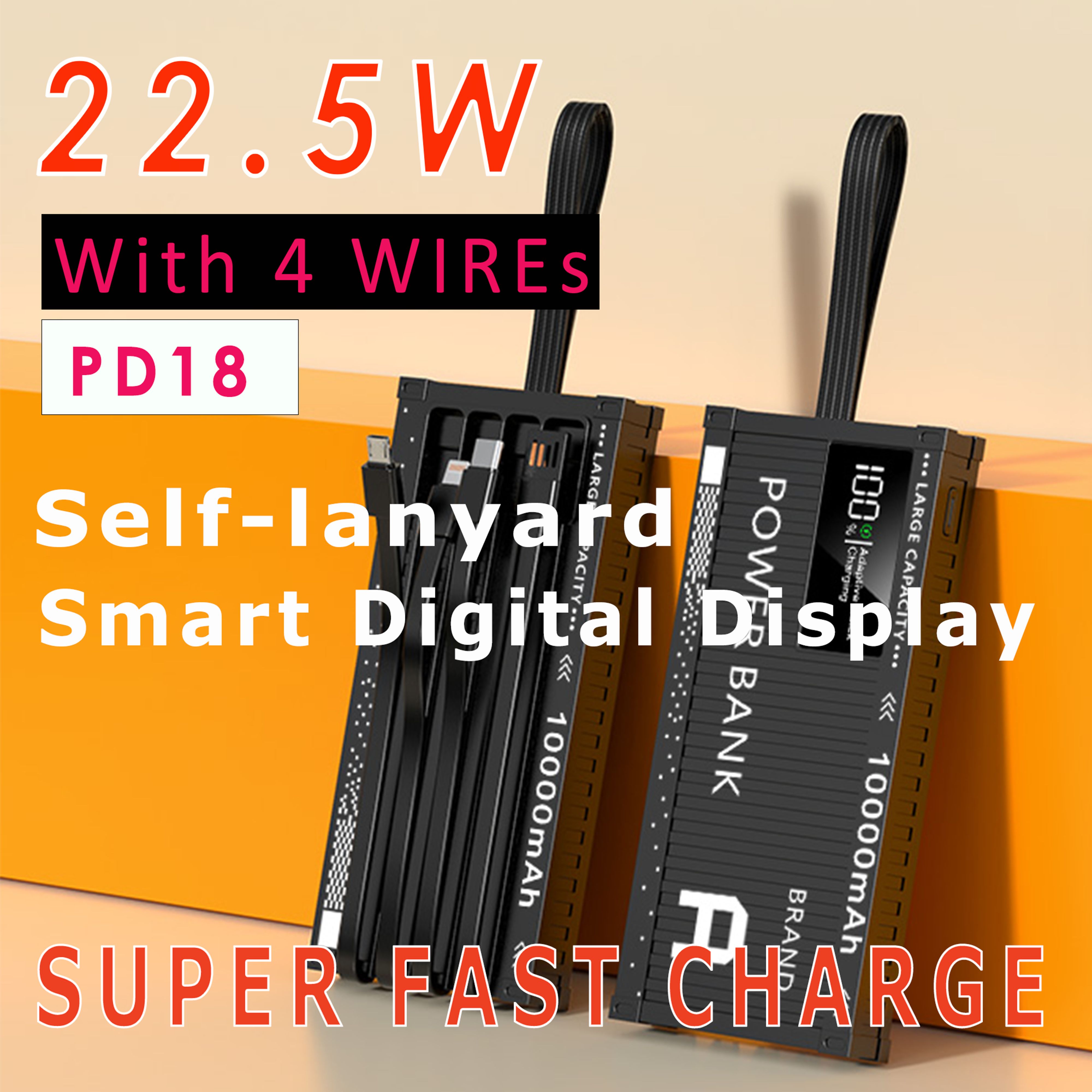 Super Fast Charging 10000mAh Mobile Power Bank  Portable with 4-Wire Dual Type-C Input/Output PD 20W Stylish Punk Style
