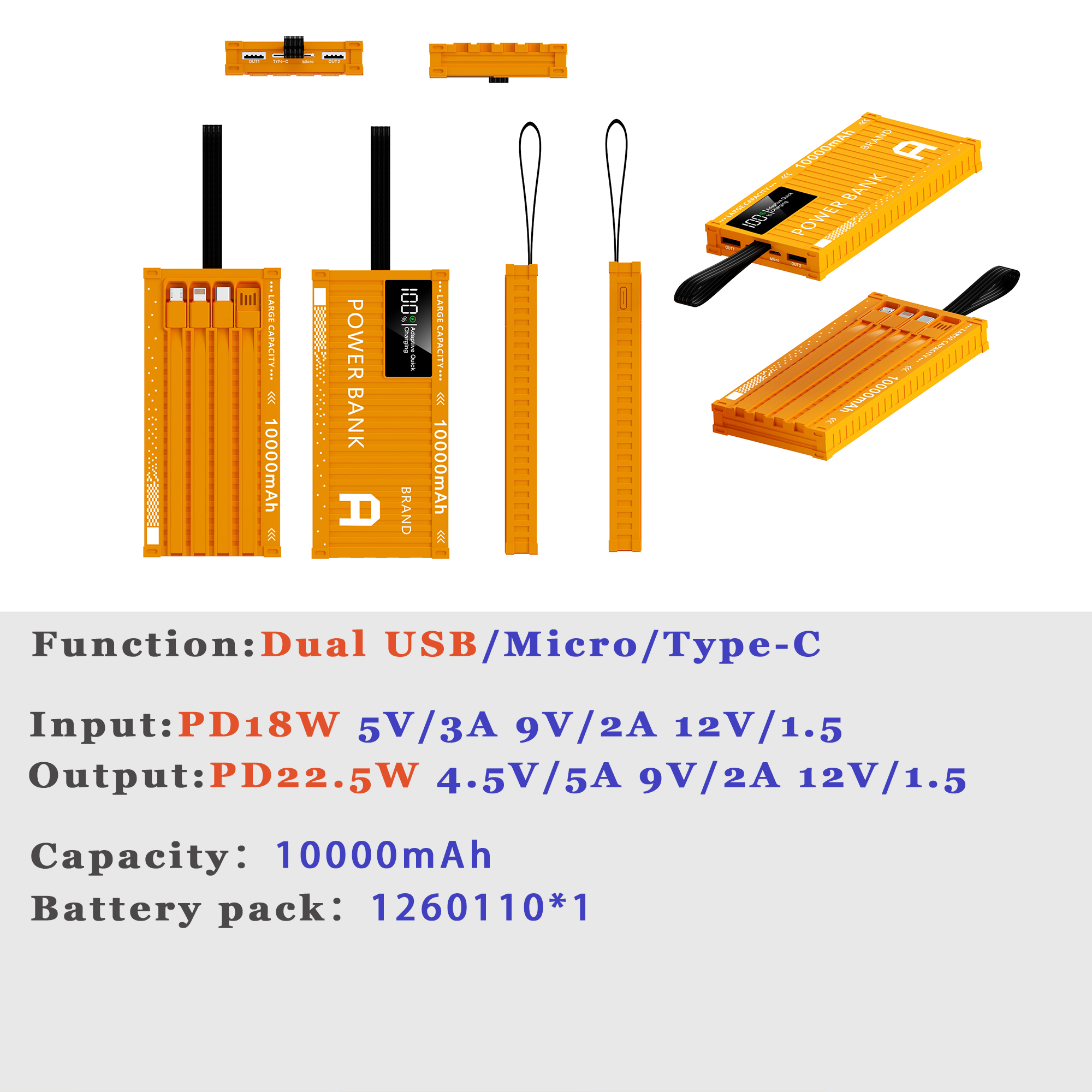 Super Fast Charging 10000mAh Mobile Power Bank  Portable with 4-Wire Dual Type-C Input/Output PD 20W Stylish Punk Style