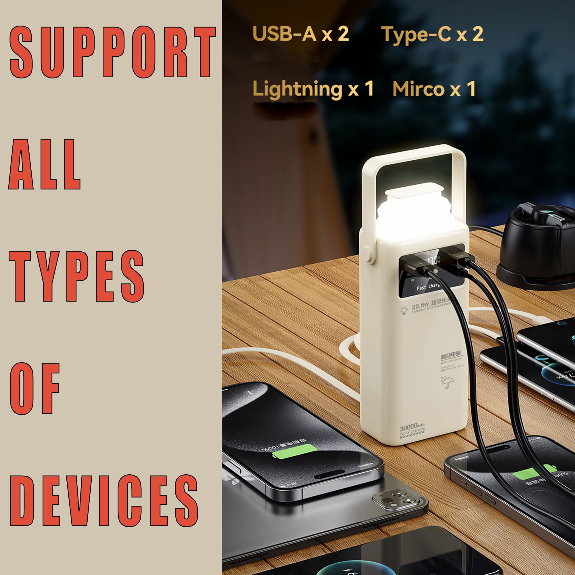 30000mAh Power Bank with 4 Wires, Outdoor LED, and Rapid Charging in Just 30 Minutes，Ultimate Power Solution，Ultra-long battery life