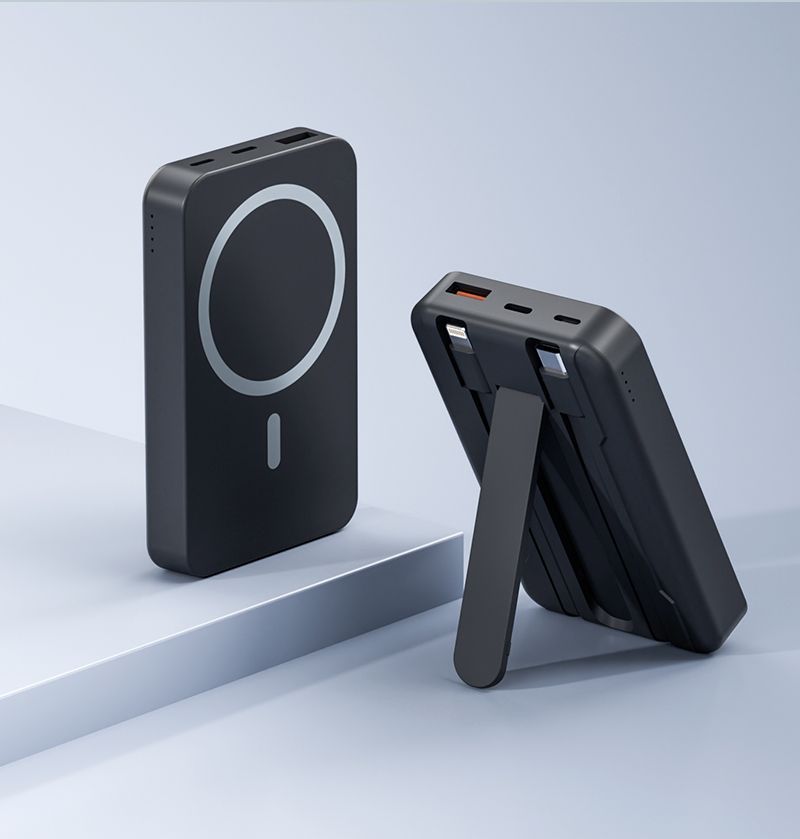 10000mAh Power Bank with Hidden Stand.Self-contained dual cable.
Charge multiple mobile phones at the same time.Horizontal and vertical support.Four colours available