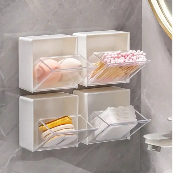 2pcs set Plastic Wall Mounted Storage Box Dustproof Bathroom Organizer 
 for Cotton Swabs Cosmetic Jewelry Self-Adhesive Holder Boxes