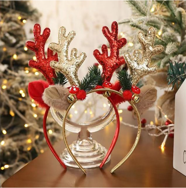 ✅Sequin Hair Band for Kids, Christmas Headband, Xmas Elk Horn Bell, Merry Christmas Decor, Gifts for Happy New Year, Photo Props