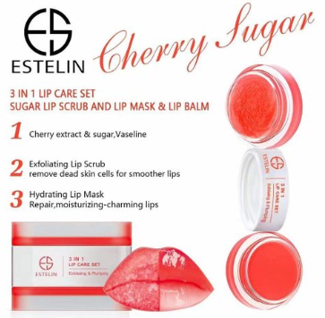 ESTELIN Cherry Lip Care Set 3-in-1 – Exfoliating Sugar Scrub, Nourishing Lip Mask & Hydrating Balm.