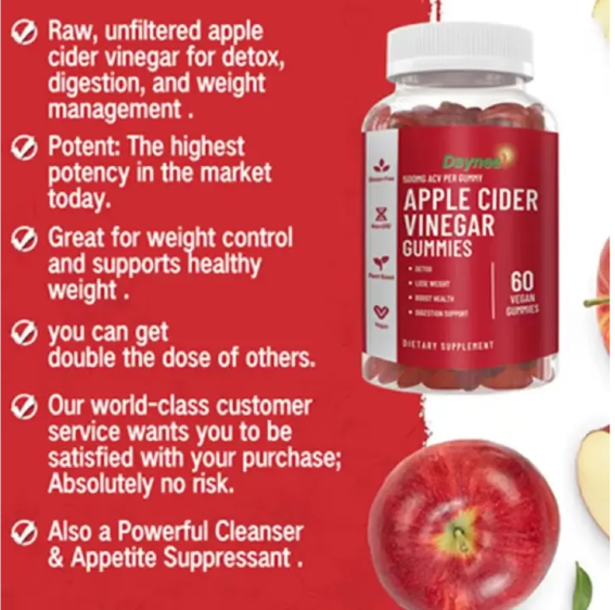 Apple Cider Vinegar Gummies (500mg) Dietary Supplement for Detox, Weight Loss, Cholesterol, and Energy