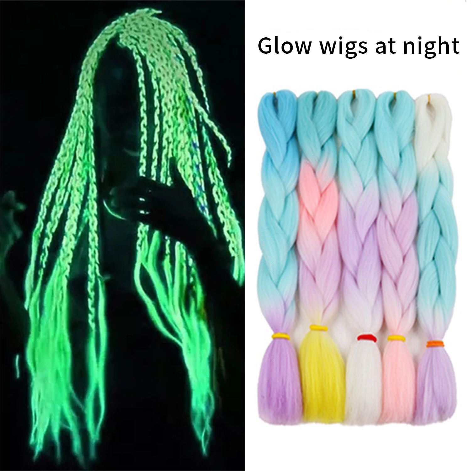 1pc luminous silk dreadlocks, large braids, African wigs, high temperature fluorescent colours, gradient colours, chemical fibre braids.