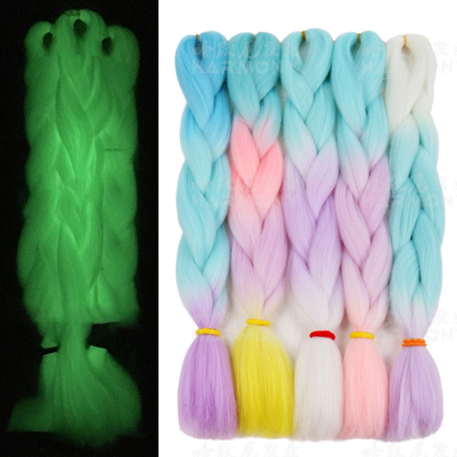 1pc luminous silk dreadlocks, large braids, African wigs, high temperature fluorescent colours, gradient colours, chemical fibre braids.