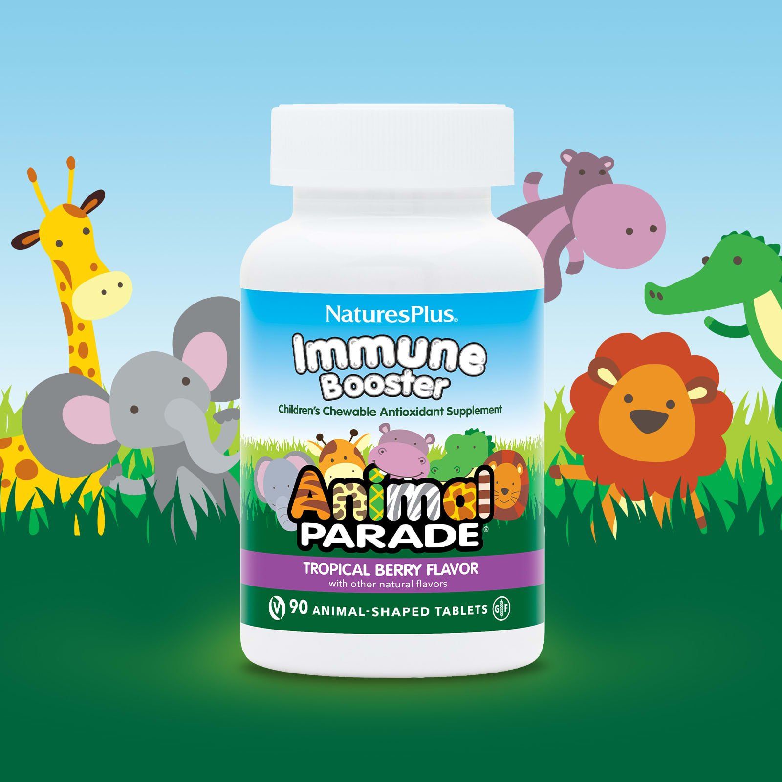 Natures Plus Animal Parade Kids Immune Booster Tablets -90’s-Provides immune system support-90 animal-shaped chewable tablets