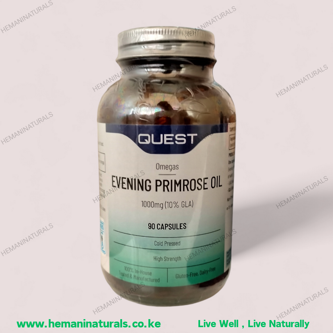 Quest Evening Primrose Oil Caps 1000mg & Vitamin E -  90’s-Supports Hormonal Balance, Immunity, Healthy Skin and Heart Health
Our online shop: https://afyayangu.co.ke//