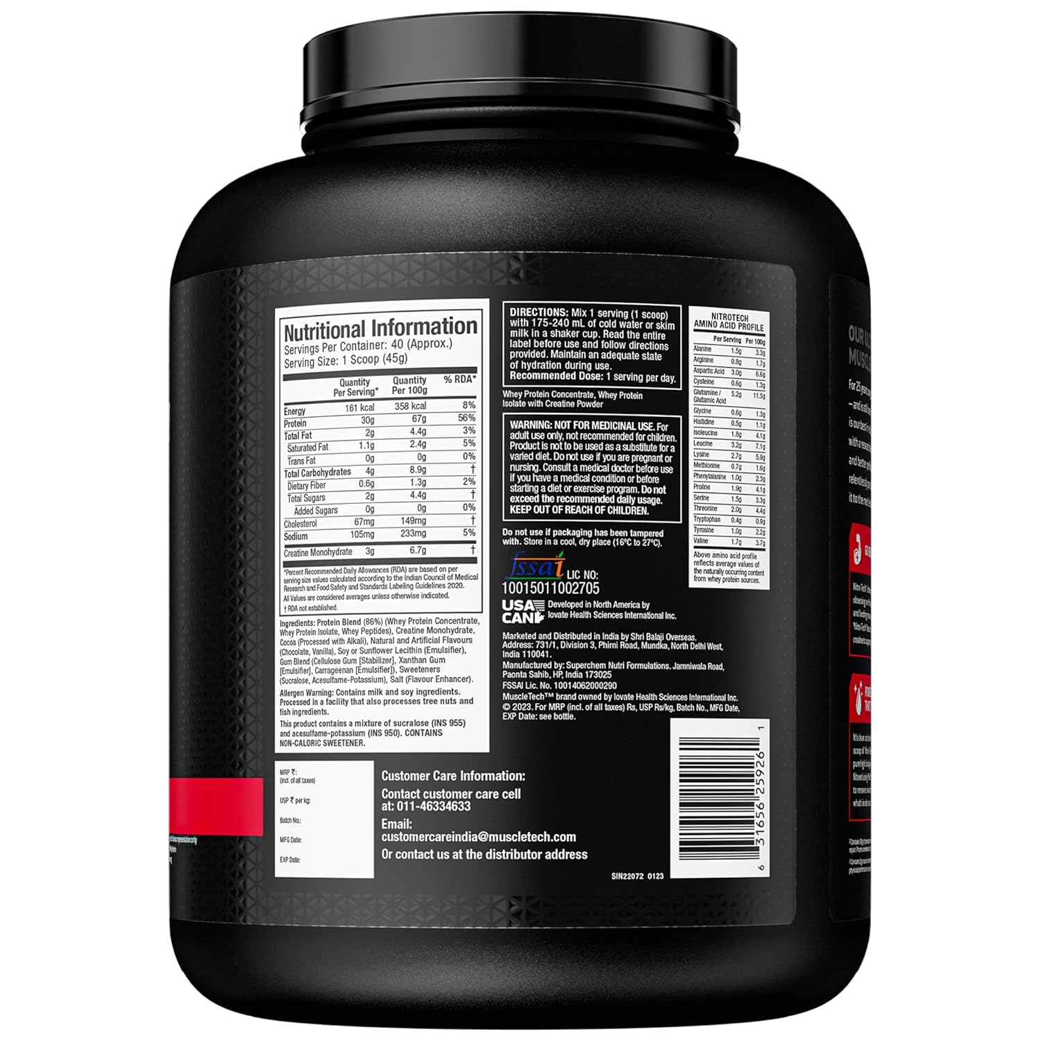 MuscleTech Nitro-Tech Whey Protein, 1.81kg (4lbs), Milk Chocolate, 30g Protein, 3g creatine monohydrate, 6.7g BCAA, ultimate muscle building formula, increase strength & performance