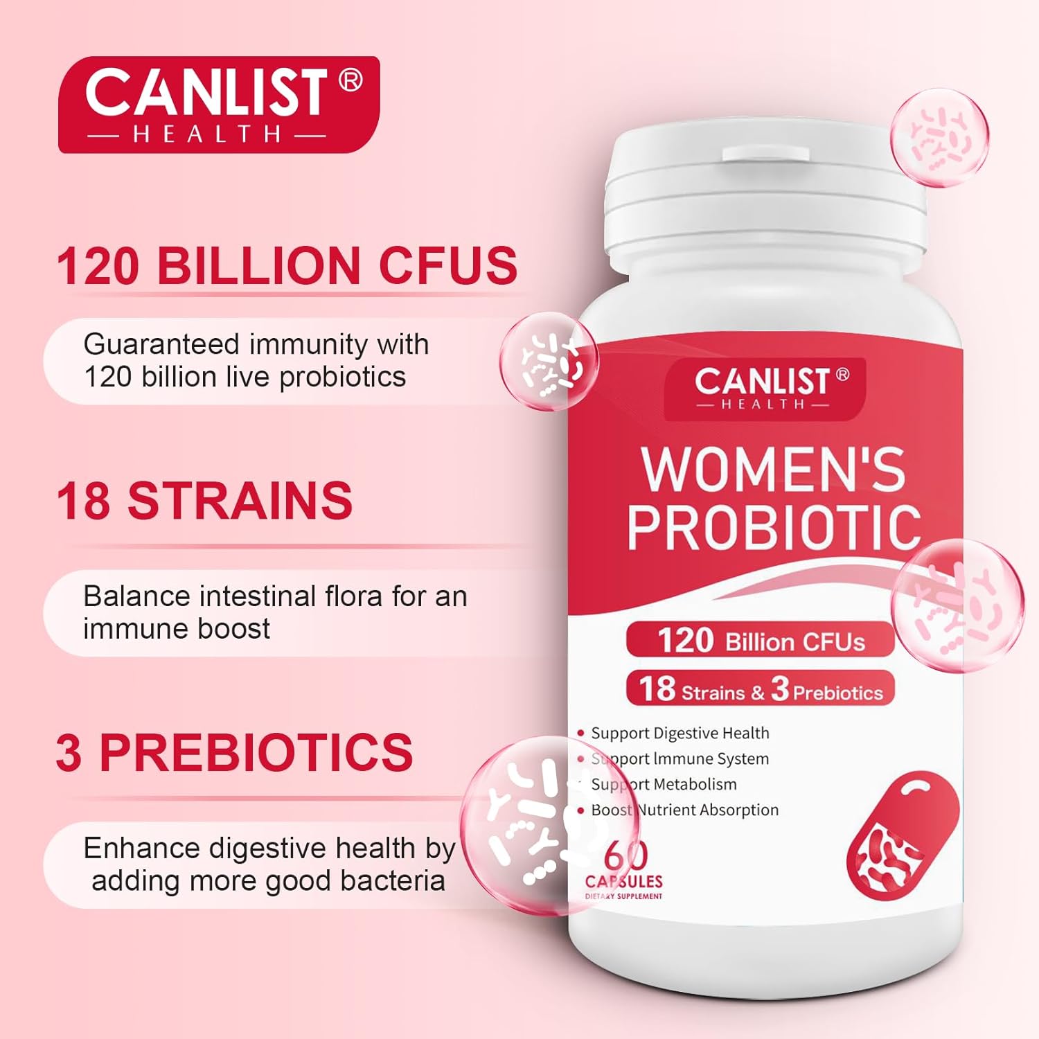 Women's Probiotics 120 Billion CFUs 18 Strains 3 Prebiotics & Digestive Enzymes Contains Organic Prebiotic Cranberry Women's Health Digestive,UTI , GUT  & Immune Support Non-GMO, 60 Capsules