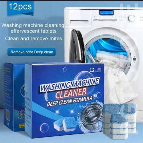 High efficiency Drum washing machine tablets cleaner with 12 pieces inside compatible with all machines, designed to penetrate dissolve and remove odour-causing residueand acts as an  antibacteria.