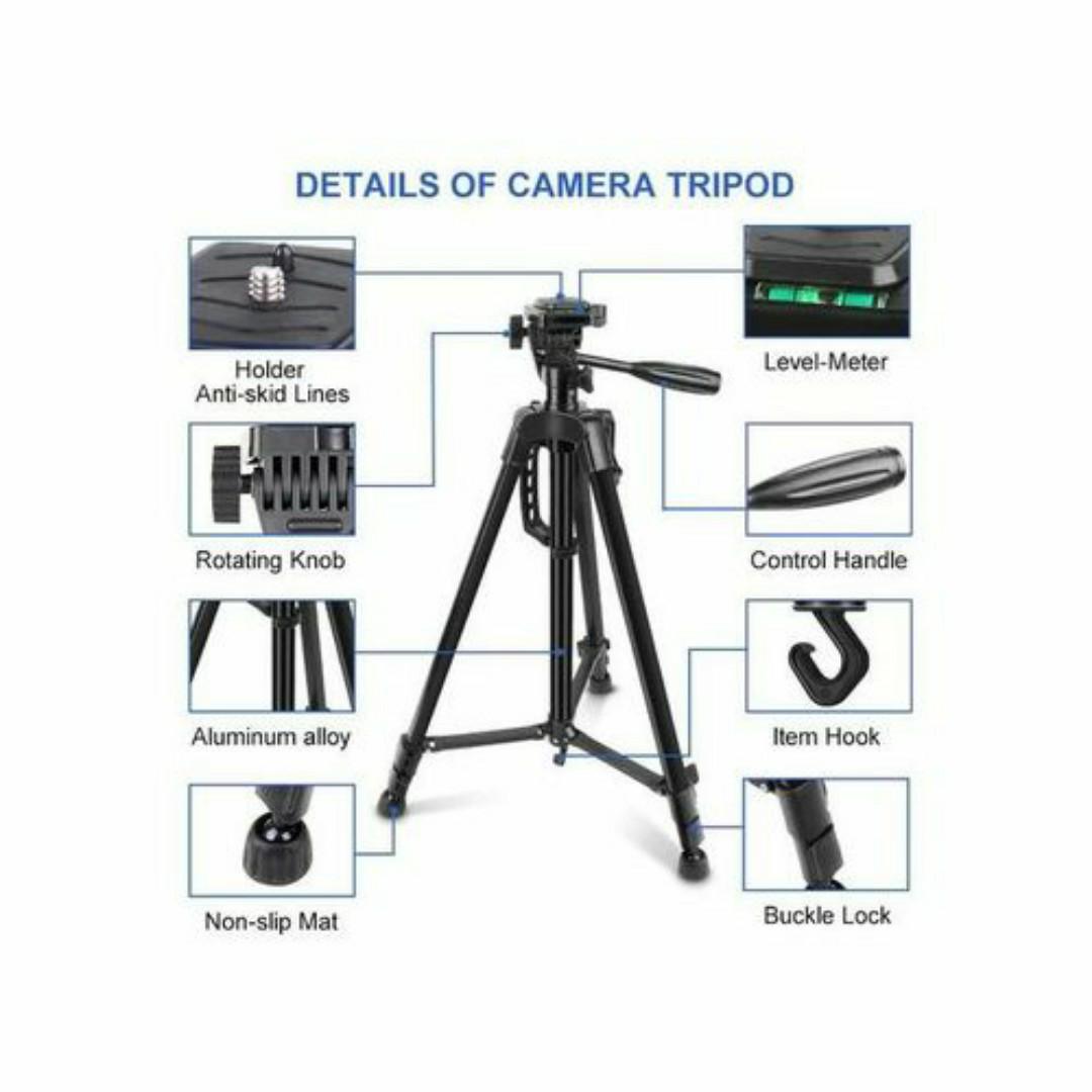 Tripod Stand For Camera & Phones With Phone Holder - 1.2 MetersTall Tripod. New design with wider flip leg locking system for fast setup and fold away. Comes with phone holder. Max operating height1,2