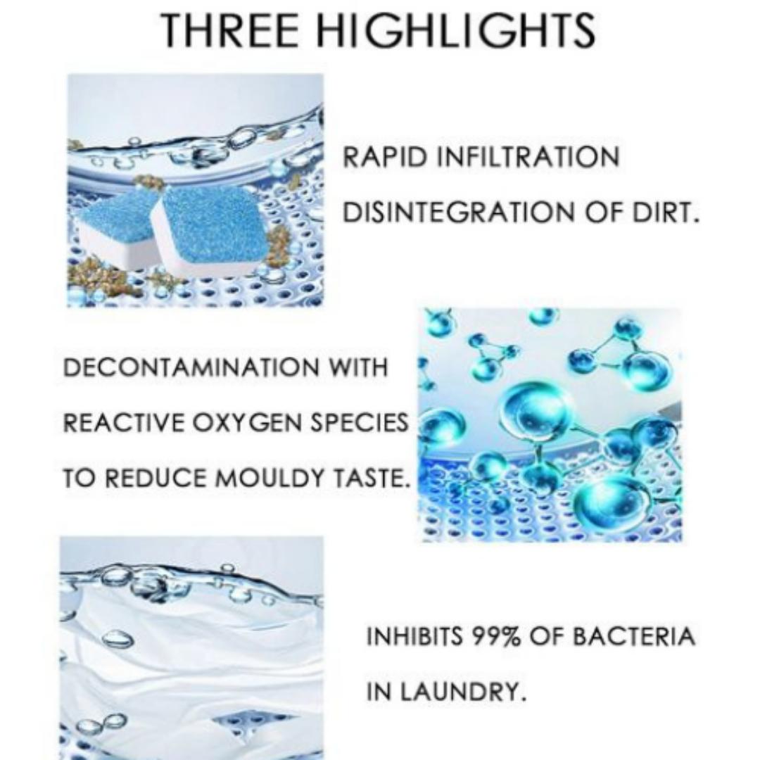 High efficiency Drum washing machine tablets cleaner with 12 pieces inside compatible with all machines, designed to penetrate dissolve and remove odour-causing residueand acts as an  antibacteria.