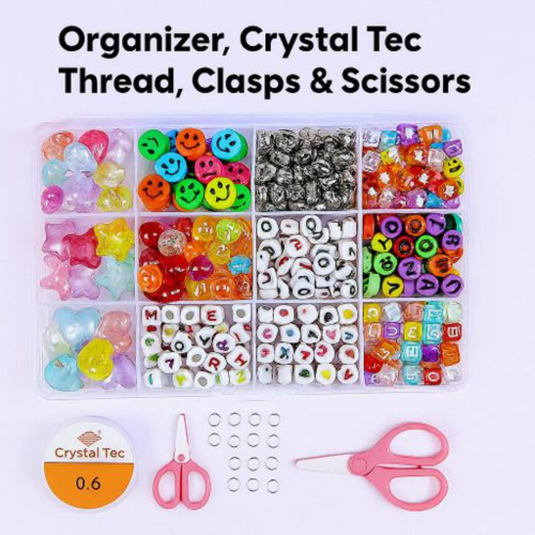 Beads For Making Bracelet - Craft Kit 720+ Colourful (Hearts, Stars, Smiles, Alphabet) + Thread, Clasps & Tools - DIY Bead For Making Bracelet, Necklace & Jewellery - Children & Hobbyists