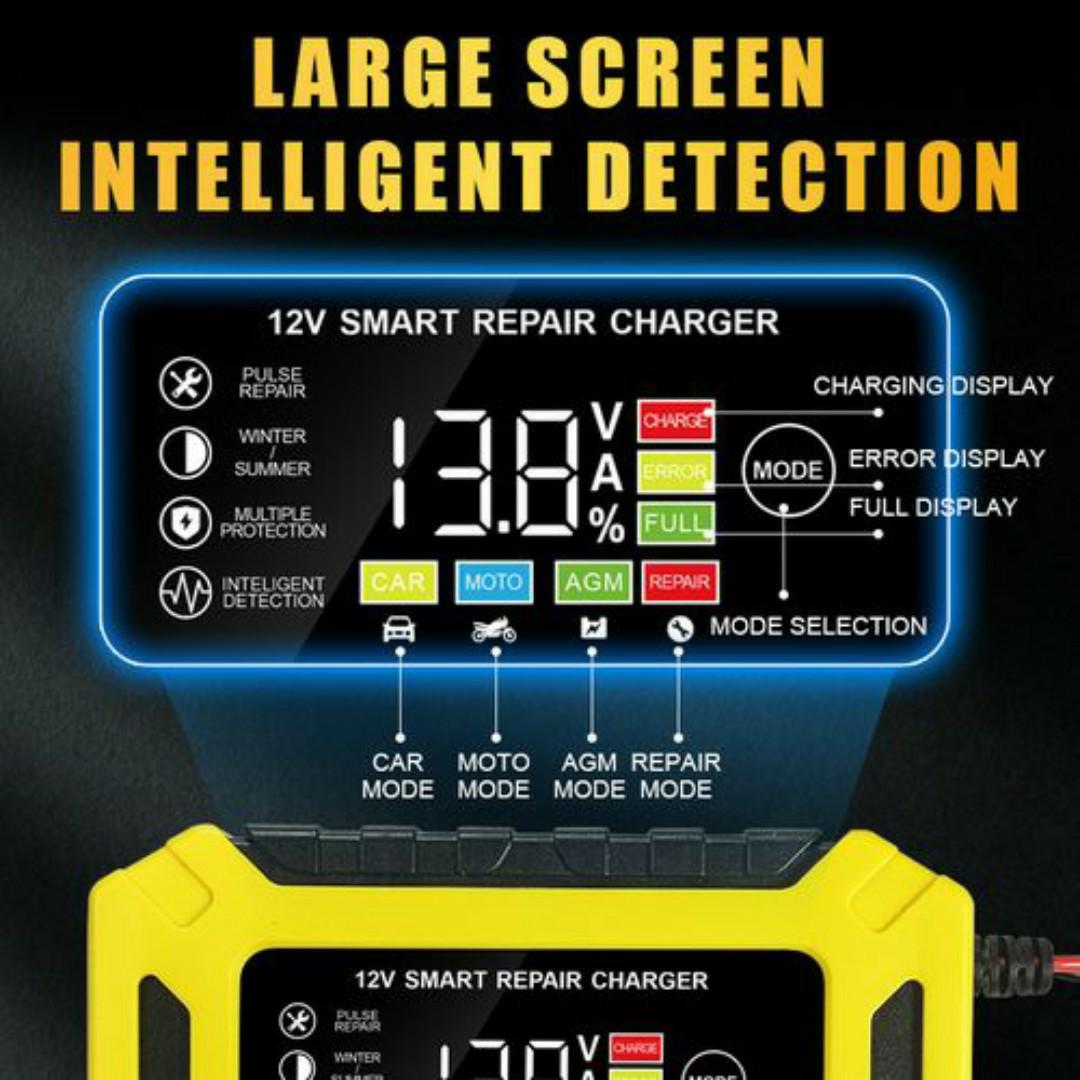 12V Smart Pulse Repair Car Battery Charger – Fast Charging, Auto Stop, Winter/Summer Modes - For Cars, Motorcycle & Minivan