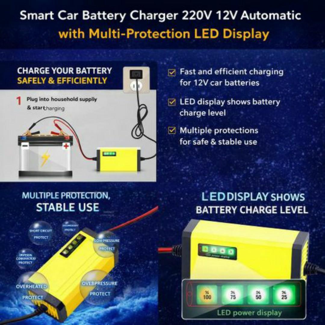 12V Smart Pulse Repair Car Battery Charger – Fast Charging, Auto Stop, Winter/Summer Modes - For Cars, Motorcycle & Minivan