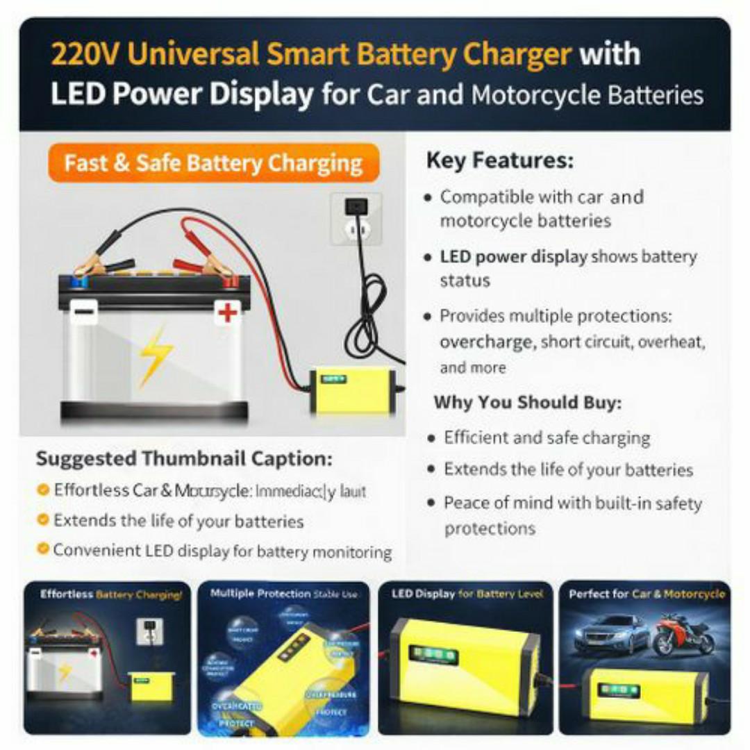 12V Smart Pulse Repair Car Battery Charger – Fast Charging, Auto Stop, Winter/Summer Modes - For Cars, Motorcycle & Minivan