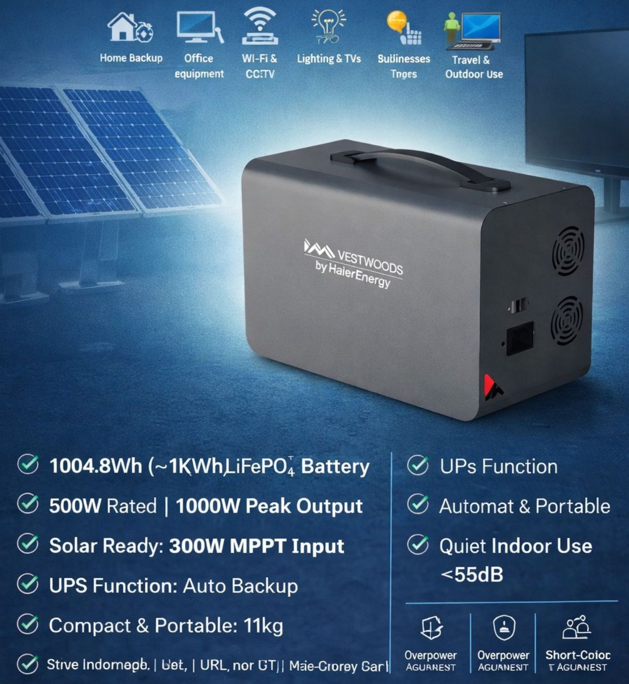1KVA + 500Watts Output ( 3 in1) Vestwoods Power Station | Lithium Ion Battery, Inverter+Battery+Solar Controller 3 YEARS WARRANTY. Better than HITHIUM