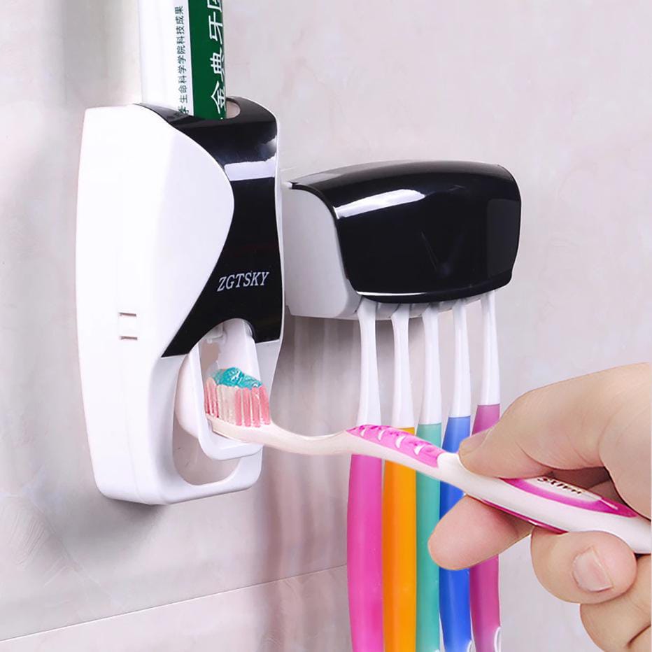 Simple automatic 🔥Toothpaste dispenser+🤗5pcs toothbrush holder colours pure white or white with a touch of black, pink🌹Bathroom Accessories 😍