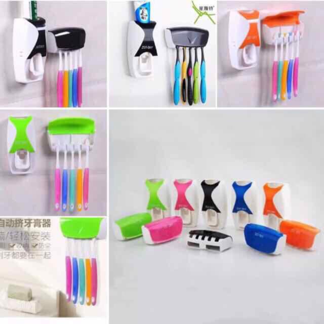 Simple automatic 🔥Toothpaste dispenser+🤗5pcs toothbrush holder colours pure white or white with a touch of black, pink🌹Bathroom Accessories 😍