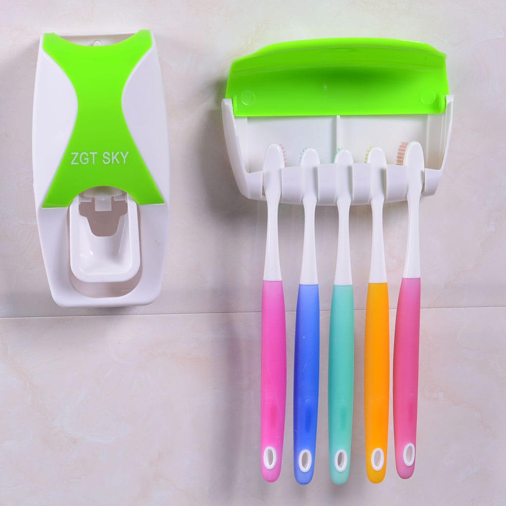 Simple automatic 🔥Toothpaste dispenser+🤗5pcs toothbrush holder colours pure white or white with a touch of black, pink🌹Bathroom Accessories 😍