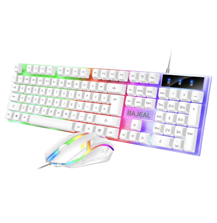 Gaming Keyboard and Mouse Combo with RGB Backlit Number Pad, USB Computer Gaming Keyboards for PC - White
