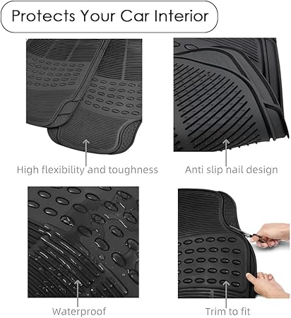 5 seater Car Floor Mats,/3 Piece Automotive Floor Mat Set,/Heavy Duty Rubber,/Universal Fit Full Set,/Weatherproof,/Trimmable For Most Cars,Universal 3 piece conjoined 5 seater/Sedan, SUV, Trucks