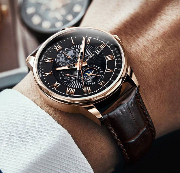 Men Watch Chronograph Moon Phase Pattern Luminous Men's Wristwatch PU  boy Quartz Watches Casual Clock  Fast delivery within 1-5 days