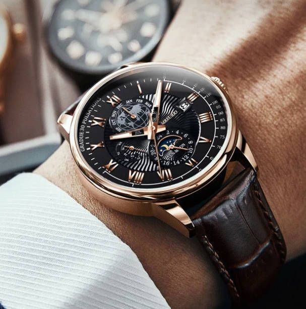 Men Watch Chronograph Moon Phase Pattern Luminous Men's Wristwatch PU  boy Quartz Watches Casual Clock  Fast delivery within 1-5 days