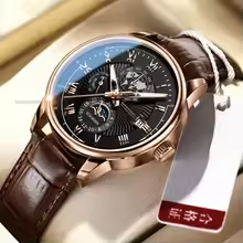 Men Watch Chronograph Moon Phase Pattern Luminous Men's Wristwatch PU  boy Quartz Watches Casual Clock  Fast delivery within 1-5 days