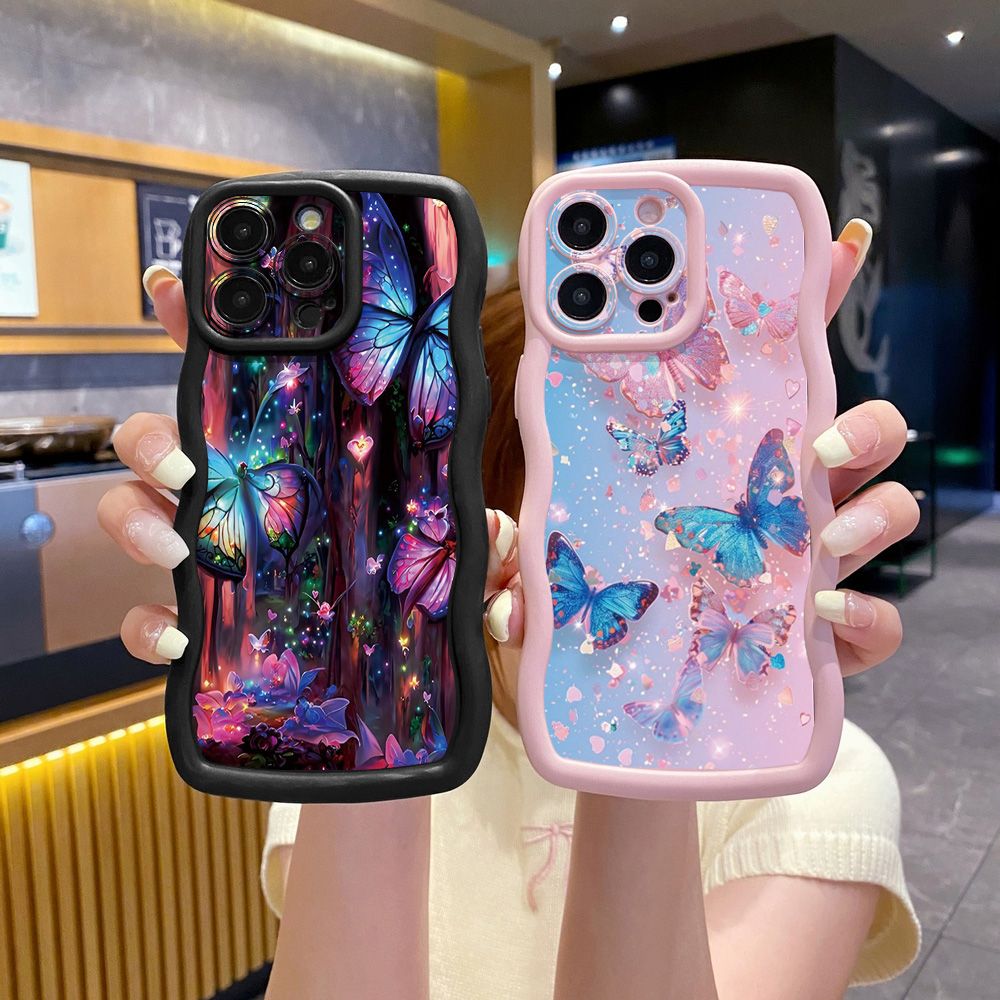 For iPhone 16 Pro Max 15 14 Plus 13 12 11 Pro Max Luxury Butterfly Wave Frame Phone Case Anti Drop Cover