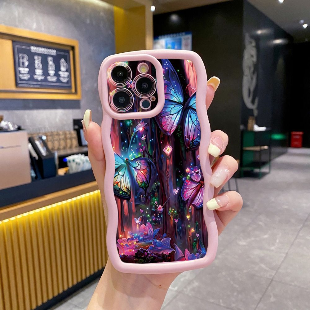 For iPhone 16 Pro Max 15 14 Plus 13 12 11 Pro Max Luxury Butterfly Wave Frame Phone Case Anti Drop Cover