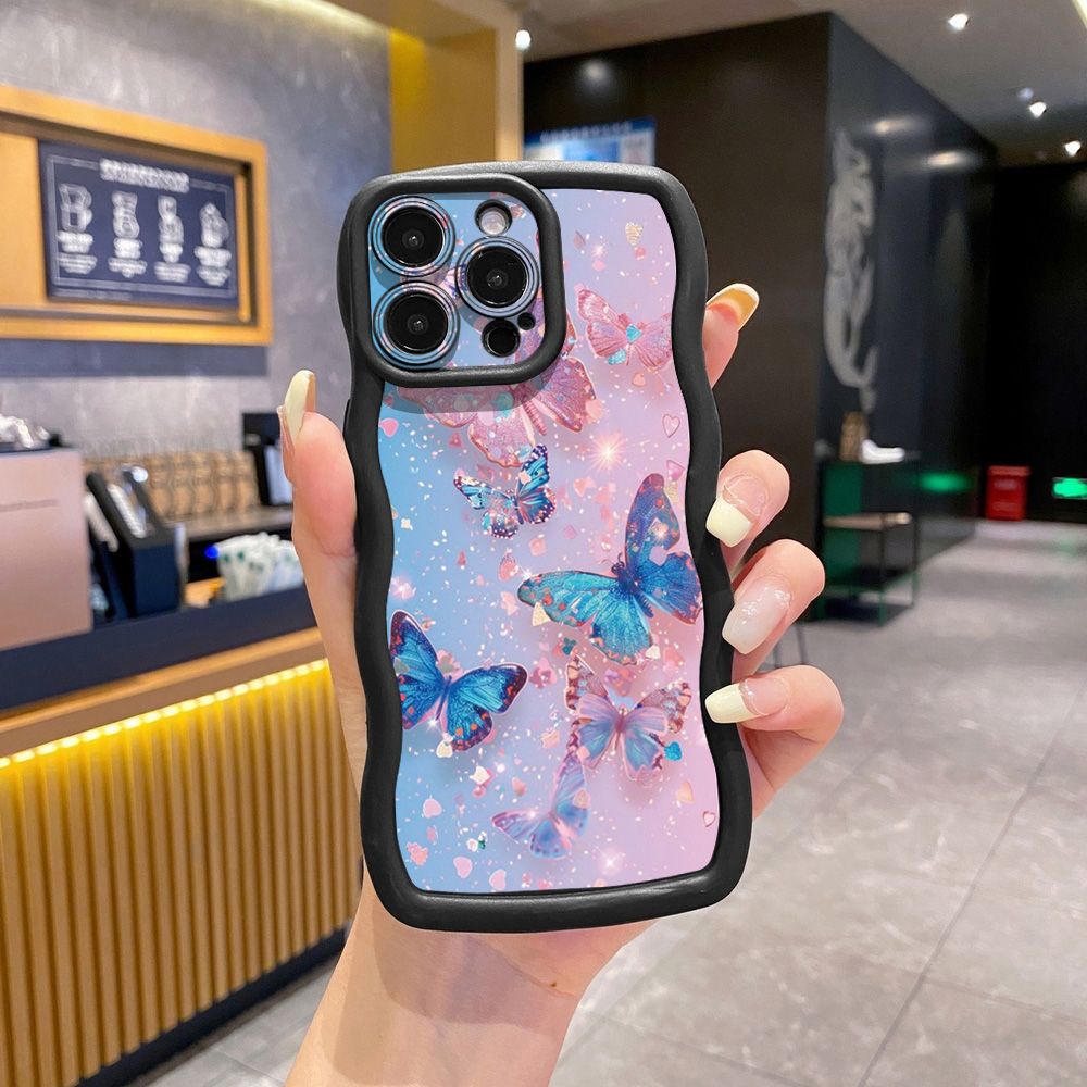 For iPhone 16 Pro Max 15 14 Plus 13 12 11 Pro Max Luxury Butterfly Wave Frame Phone Case Anti Drop Cover