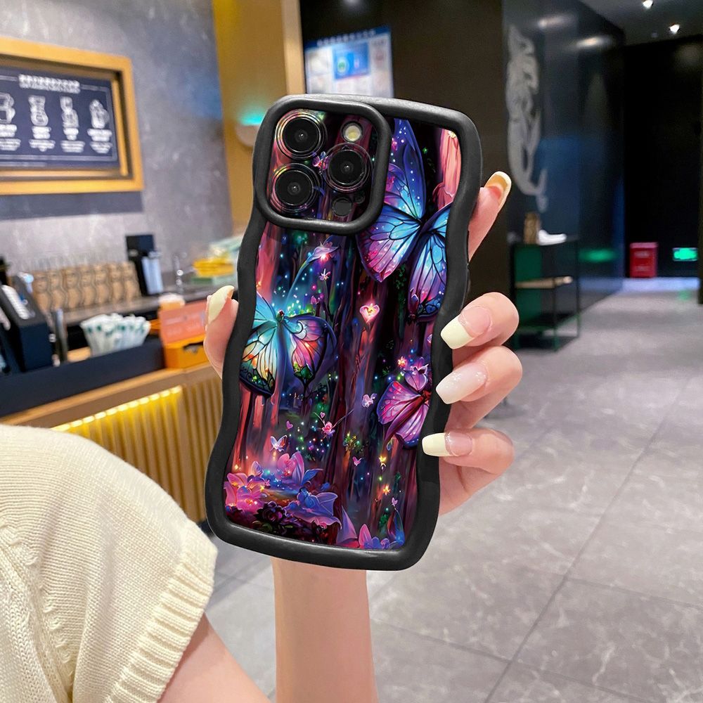 For iPhone 16 Pro Max 15 14 Plus 13 12 11 Pro Max Luxury Butterfly Wave Frame Phone Case Anti Drop Cover