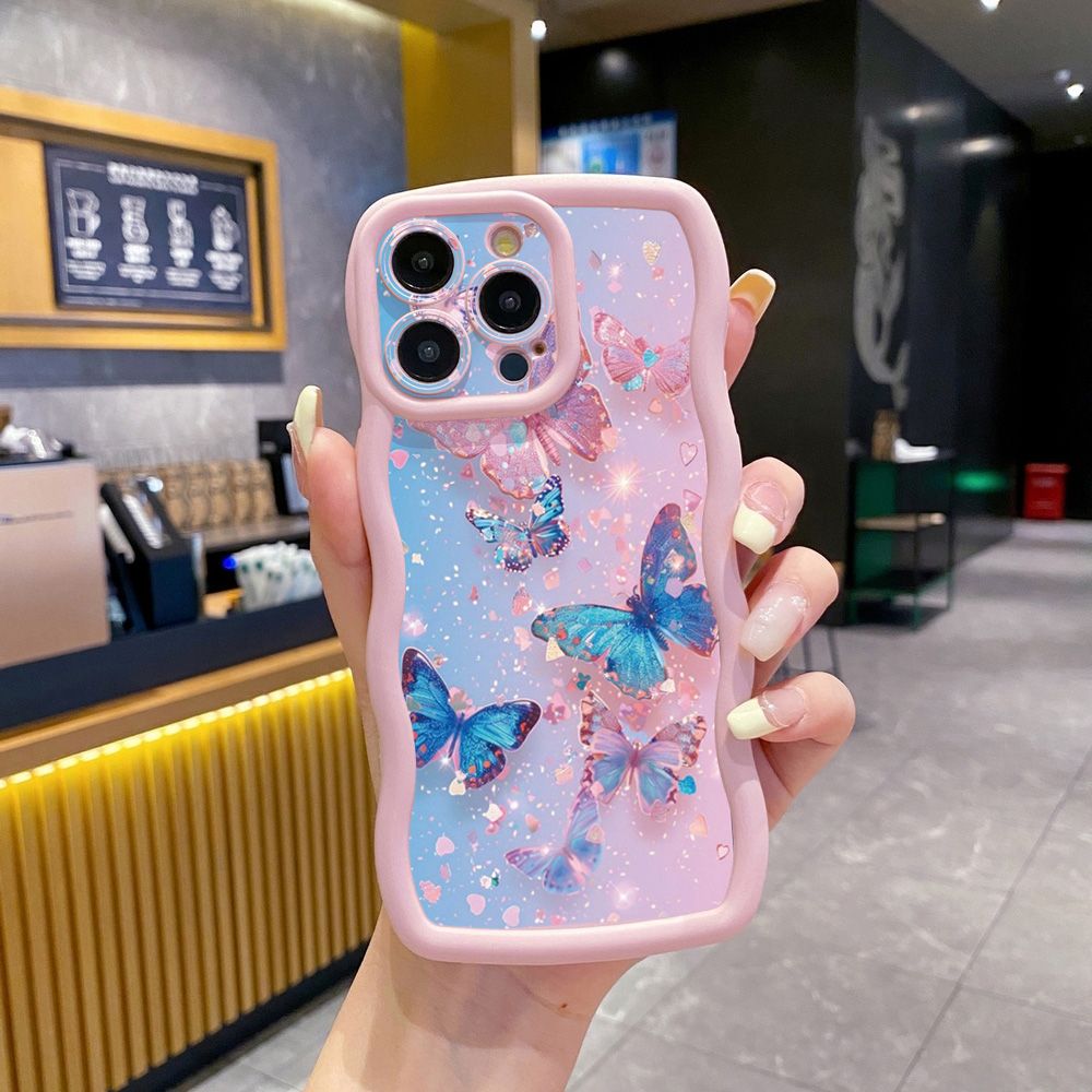 For iPhone 16 Pro Max 15 14 Plus 13 12 11 Pro Max Luxury Butterfly Wave Frame Phone Case Anti Drop Cover