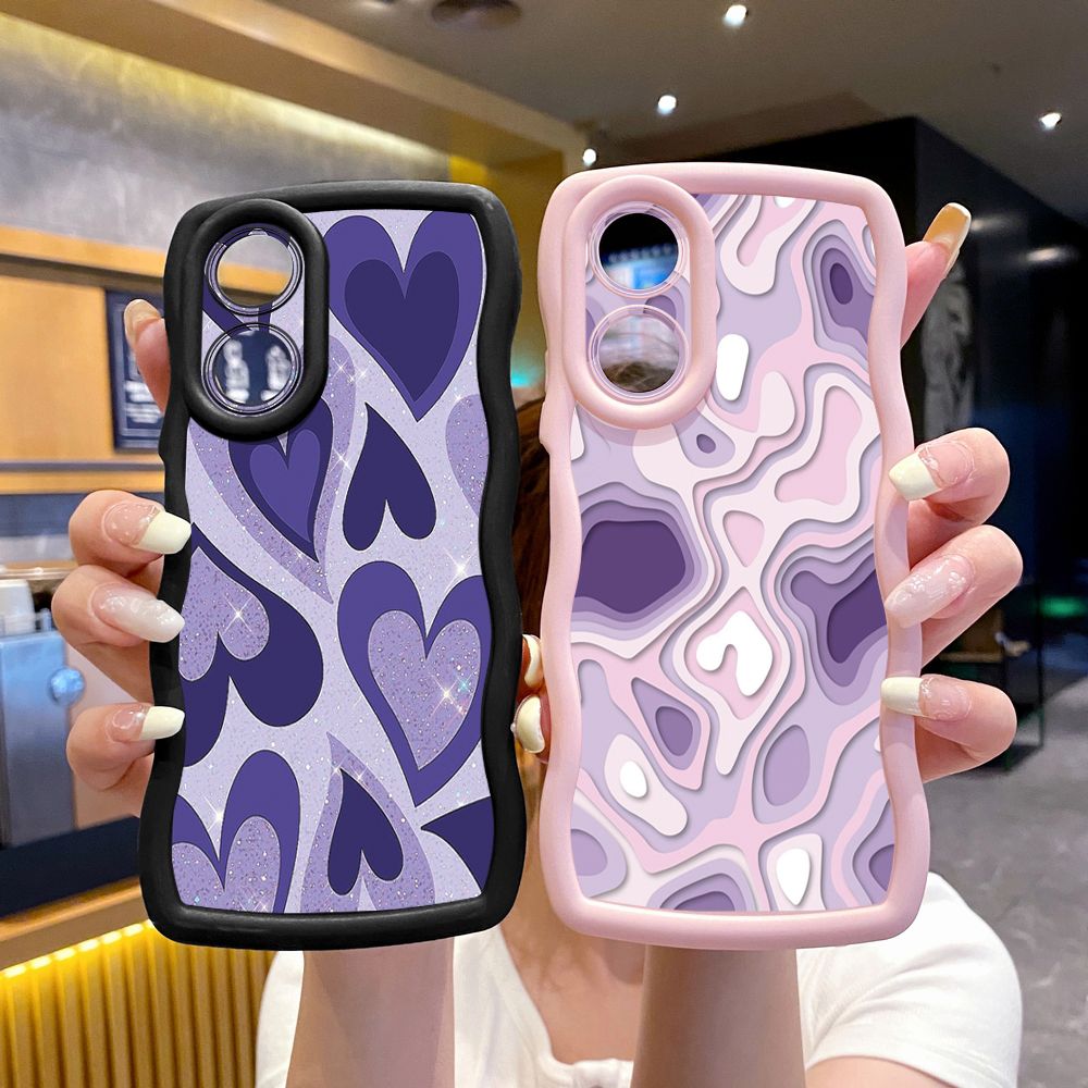 For OPPO A60 A18 A38 A17 A16 A57 A77 A59 A98 A78 A58 5G Liquid Purple Heart Wave Frame Phone Case Anti Drop Cover