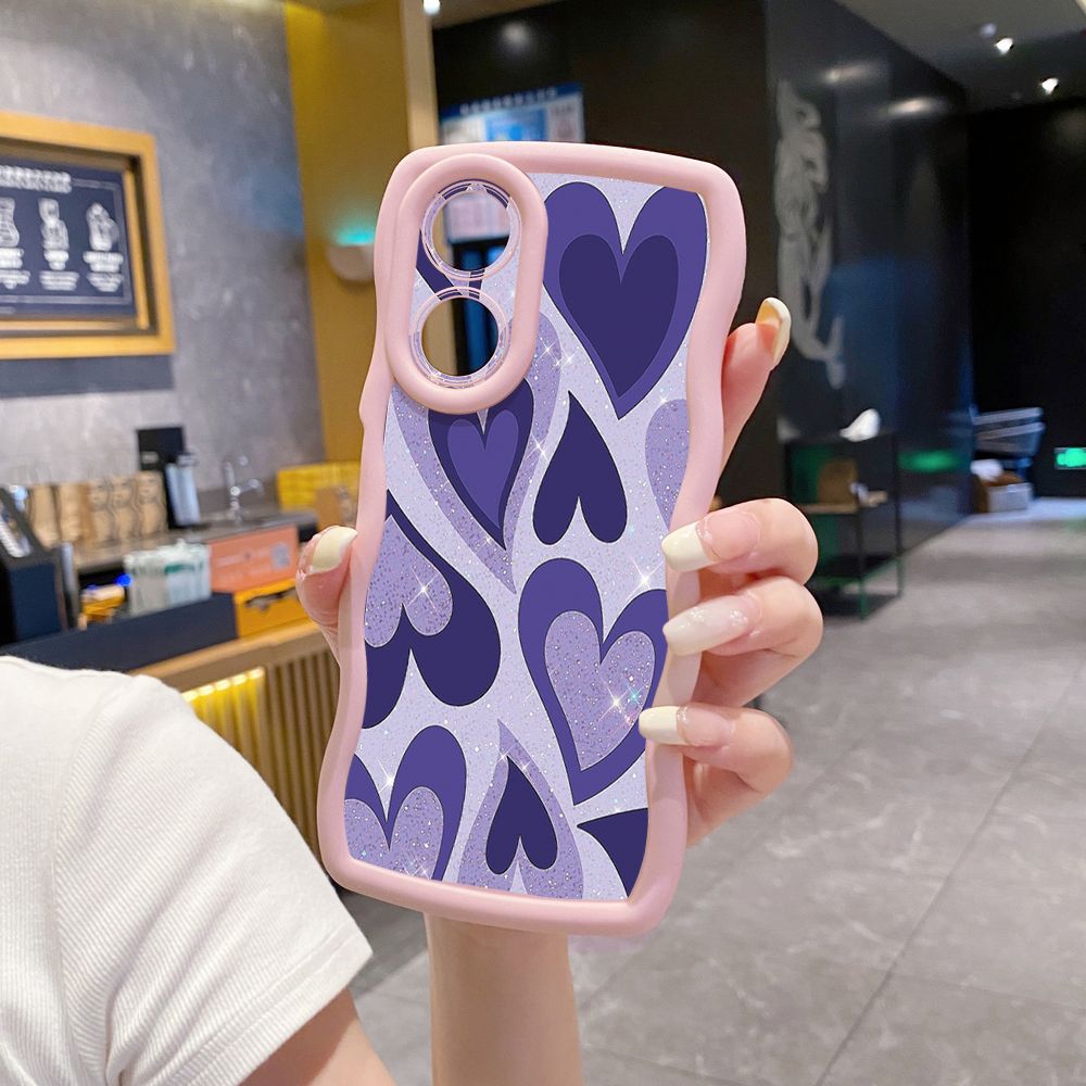 For OPPO A60 A18 A38 A17 A16 A57 A77 A59 A98 A78 A58 5G Liquid Purple Heart Wave Frame Phone Case Anti Drop Cover