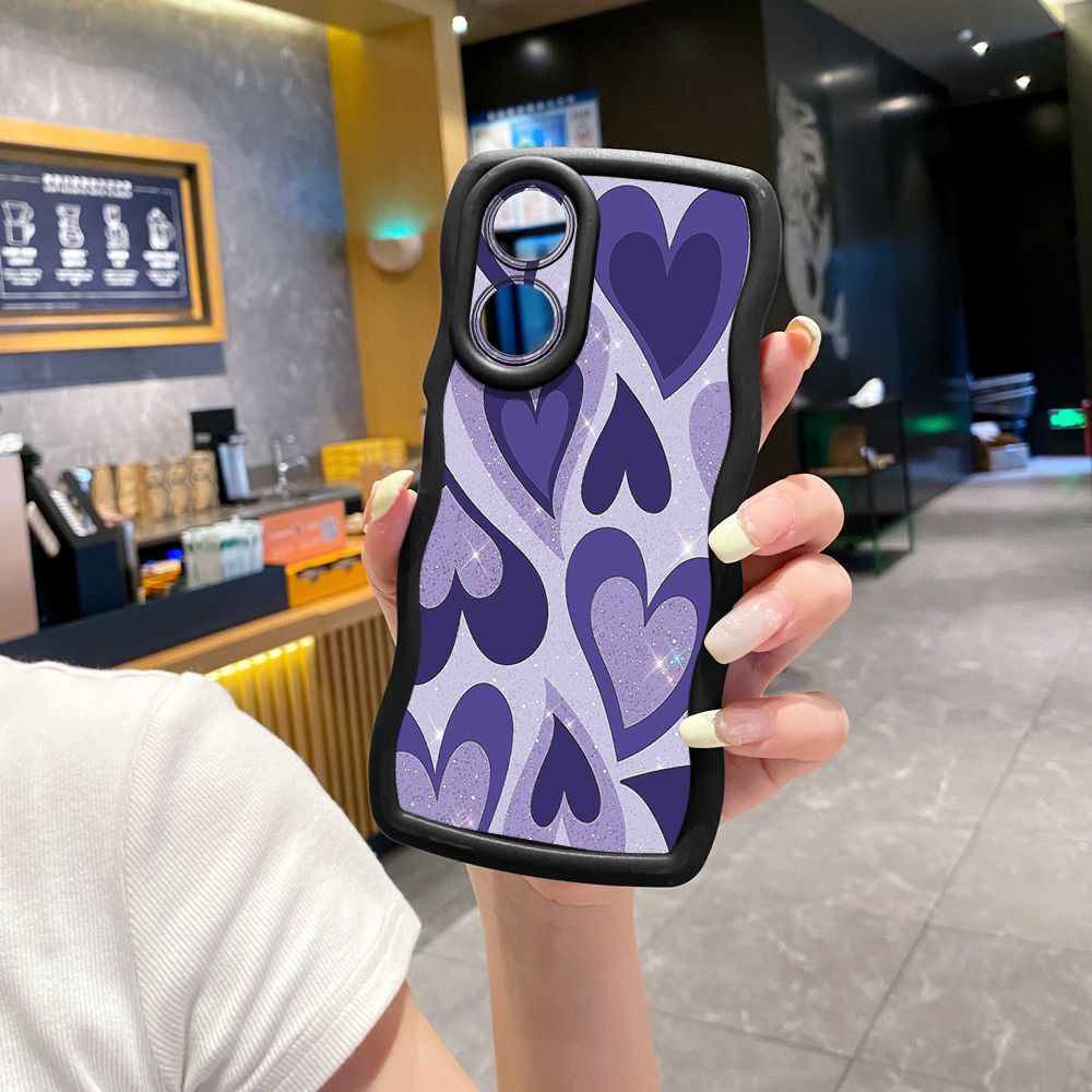 For OPPO A60 A18 A38 A17 A16 A57 A77 A59 A98 A78 A58 5G Liquid Purple Heart Wave Frame Phone Case Anti Drop Cover