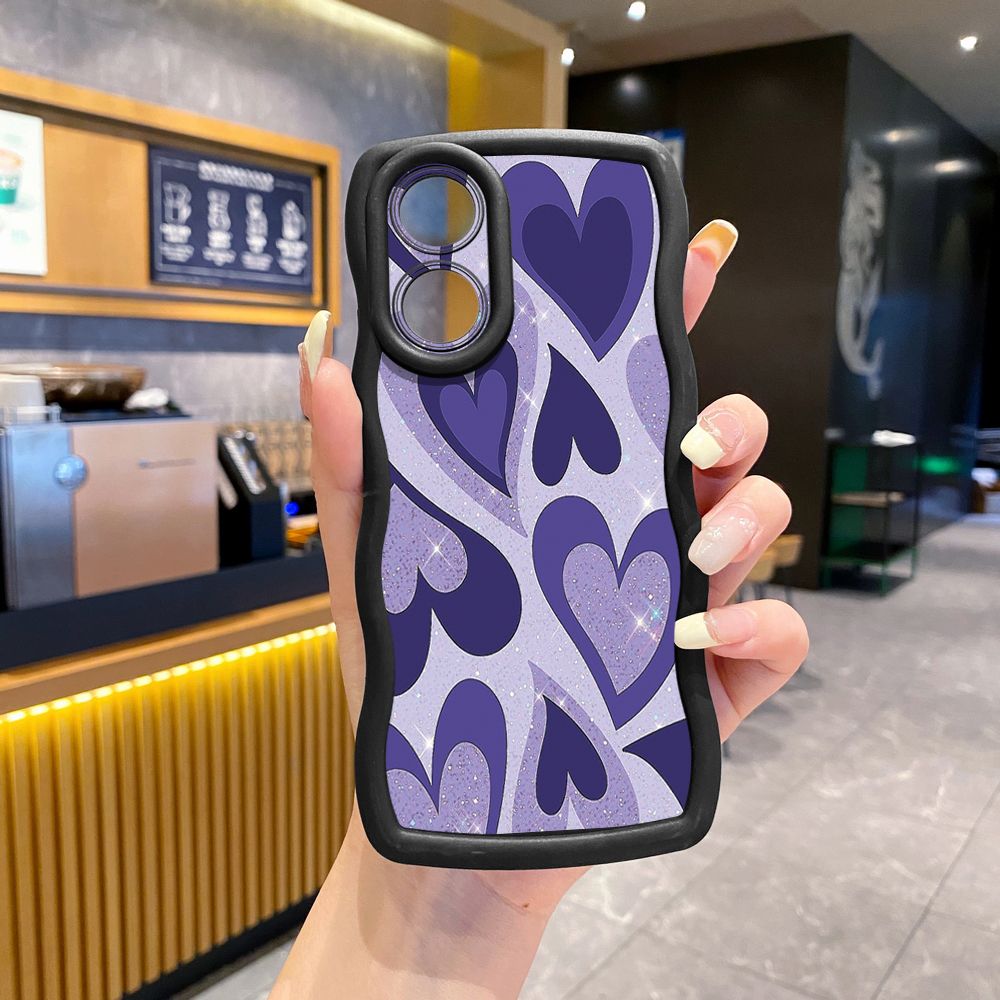For OPPO A60 A18 A38 A17 A16 A57 A77 A59 A98 A78 A58 5G Liquid Purple Heart Wave Frame Phone Case Anti Drop Cover